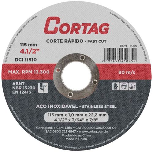 Disco de corte inox 115 mm x 1,0 mm x 22,22 mm - Cortag