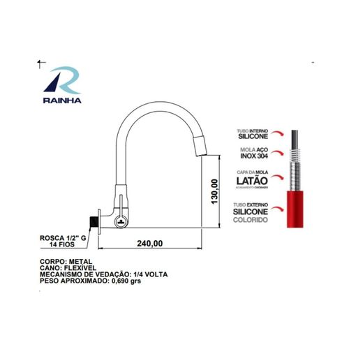 Torneira Cozinha Rainha bica flexível ¼ Preto Fosco 92868